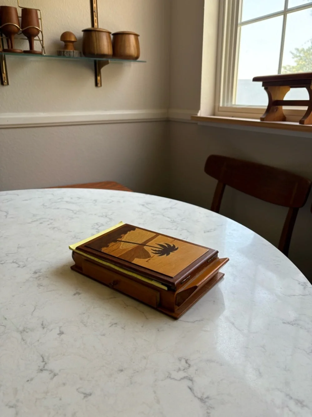 Vintage MCM Wooden Palm Beach Notepad Holder with Pen - Brown